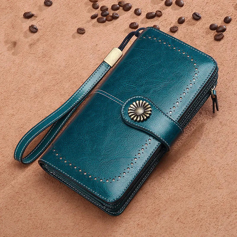 Women's long zipper clutch wallet in bovine split leather with polyester lining, vertical square shape, available in Black, Green, Red, and Yellow.