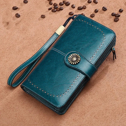 Women's long zipper clutch wallet in bovine split leather with polyester lining, vertical square shape, available in Black, Green, Red, and Yellow.