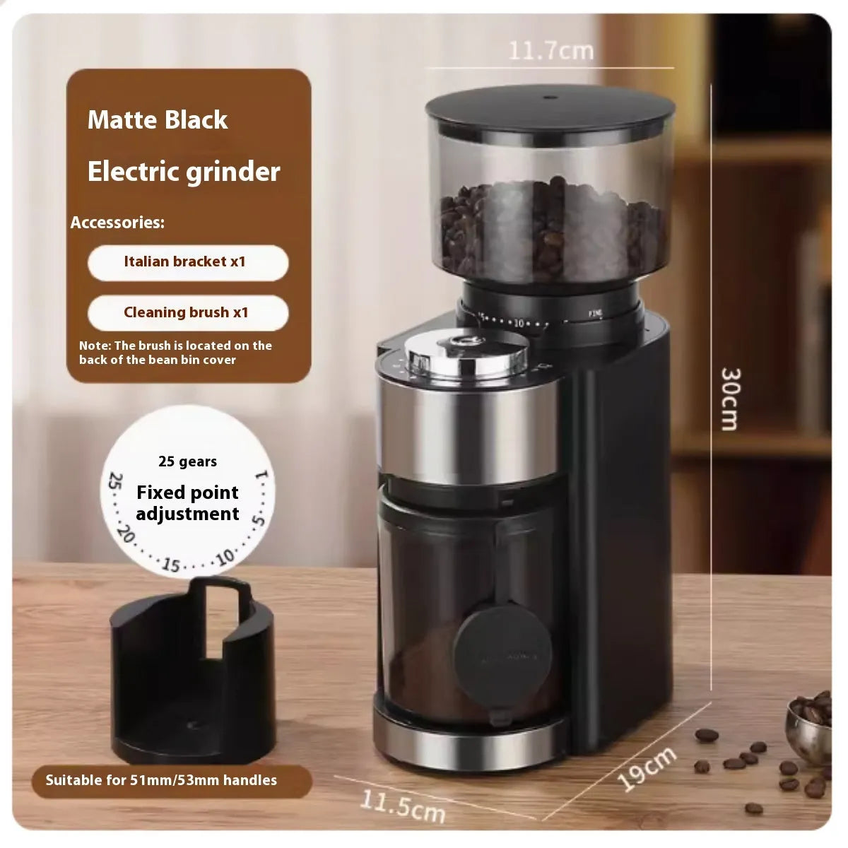 Smart electric coffee grinder in black or white with adjustable scale, plastic body, HB583 or HB683 model options