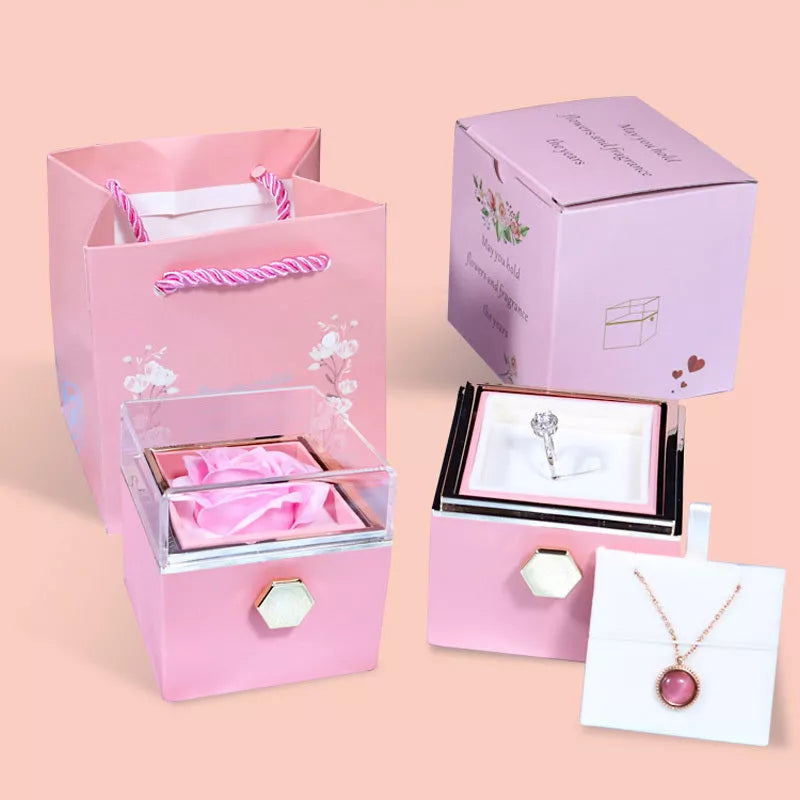 Rotating soap flower rose gift box with jewelry drawer in red, blue, lake blue, or pink