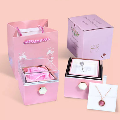 Rotating soap flower rose gift box with jewelry drawer in red, blue, lake blue, or pink