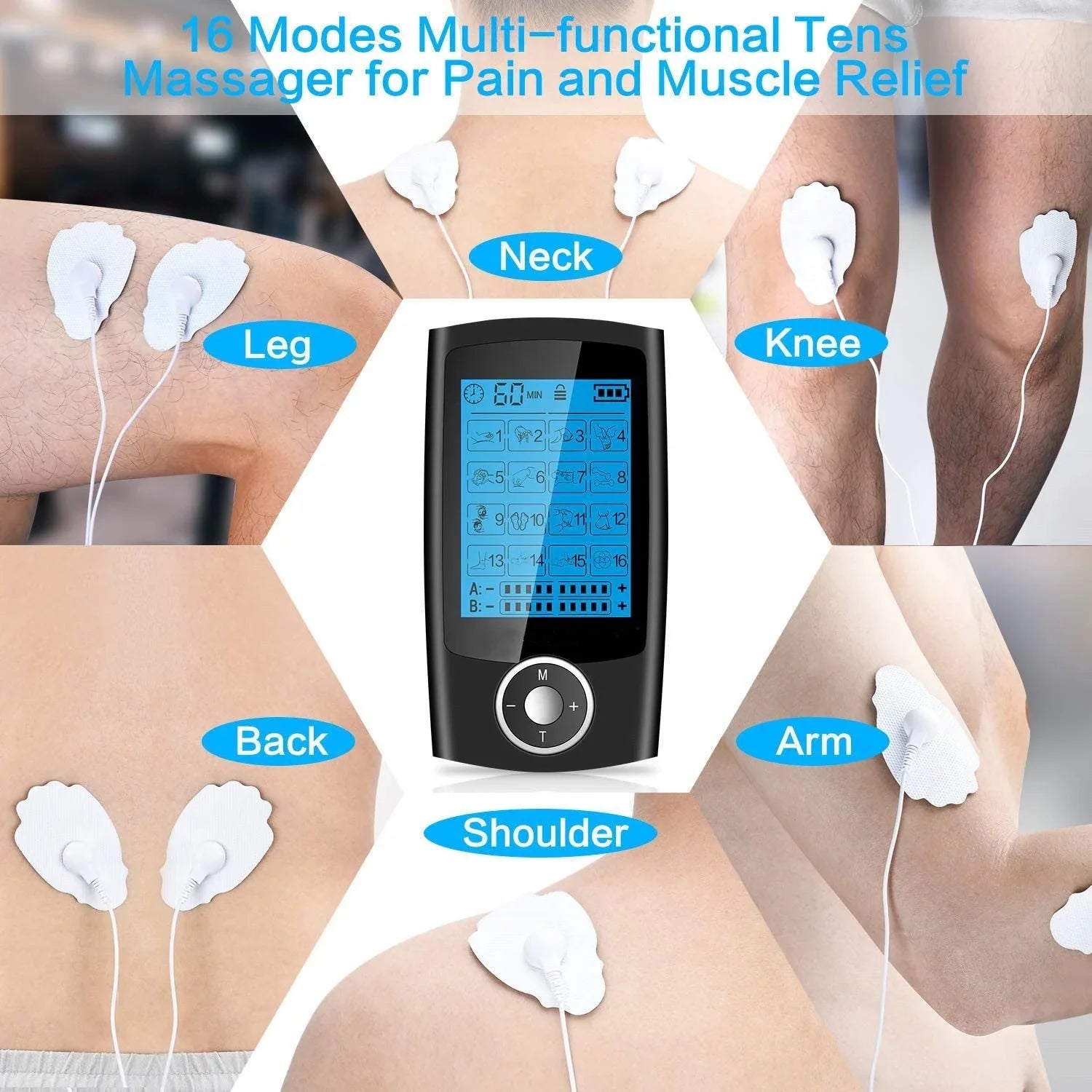 Rechargeable TENS unit with 16 massage modes, adjustable timer and intensity, and dual output for pain relief and muscle stimulation