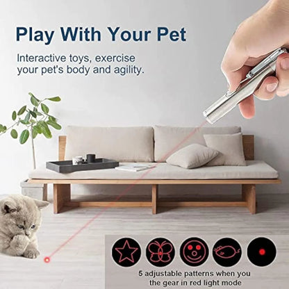 Silver aluminium cat laser toy pointer with metal clip, showing red light projection.