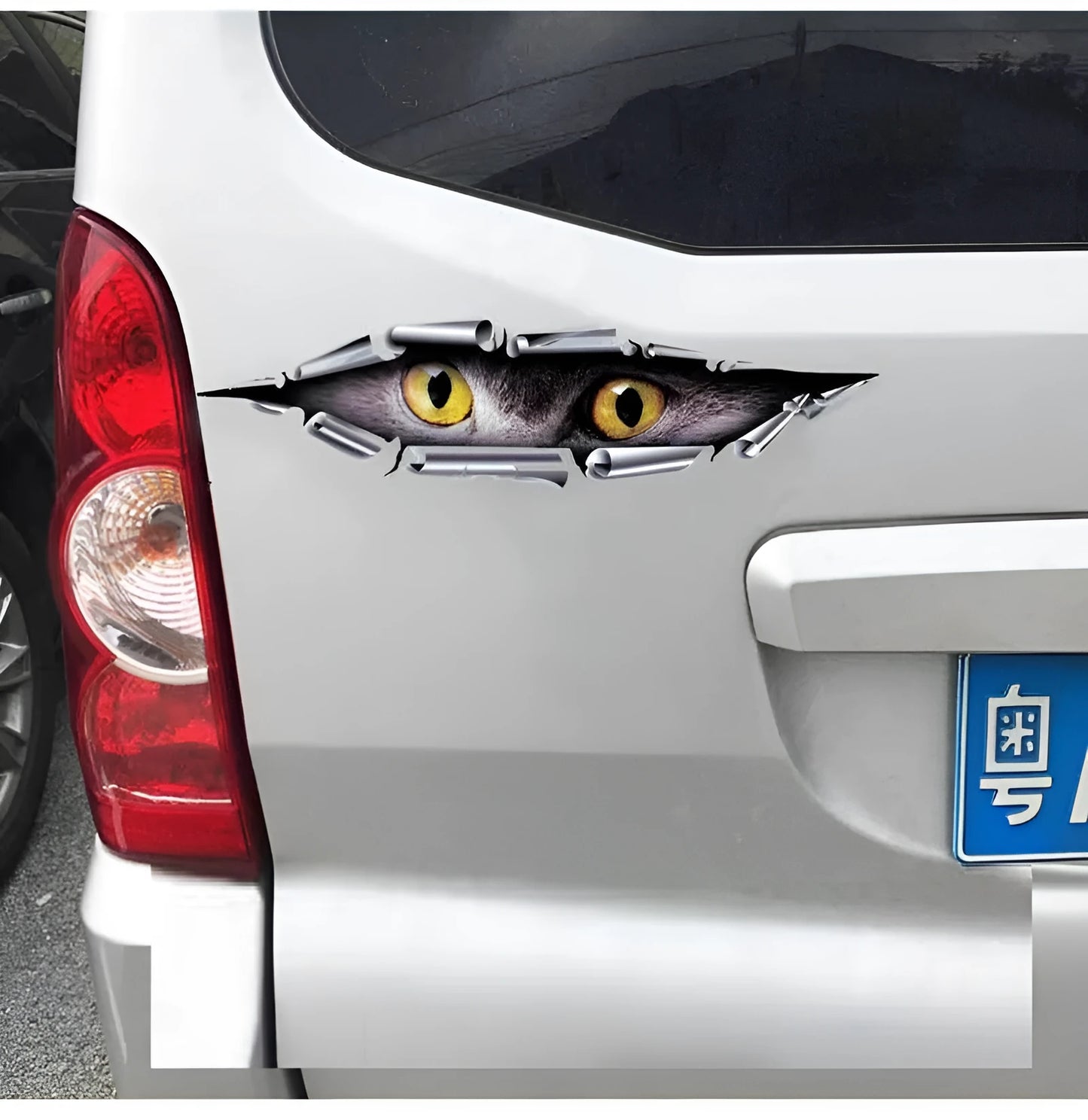 Tiger Eye and Eagle Eye 3D car bumper stickers showing 10x35cm dimensions and transparent PVC material