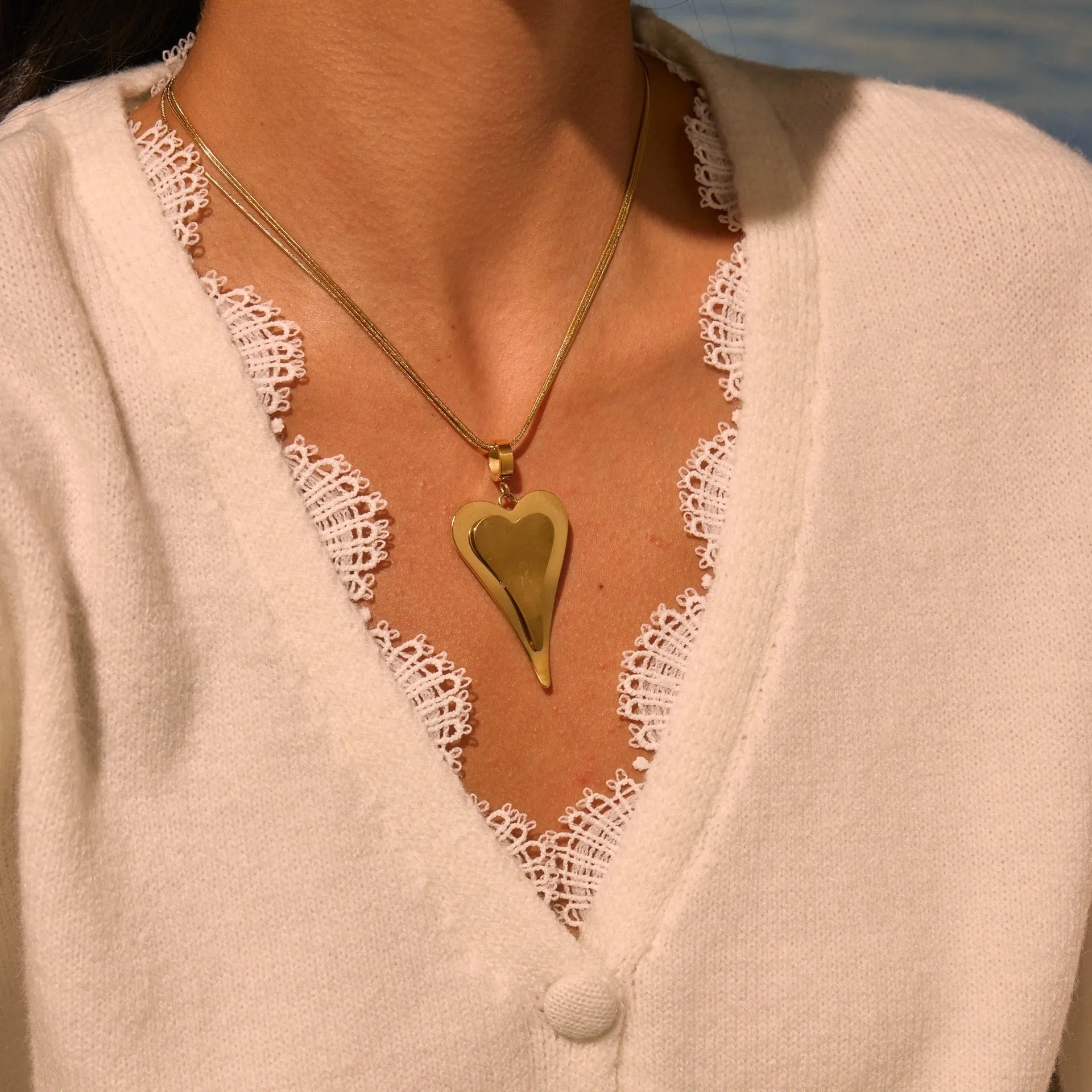 Women's stainless steel double heart necklace with snake bones chain, 18K electroplated in gold or steel finish