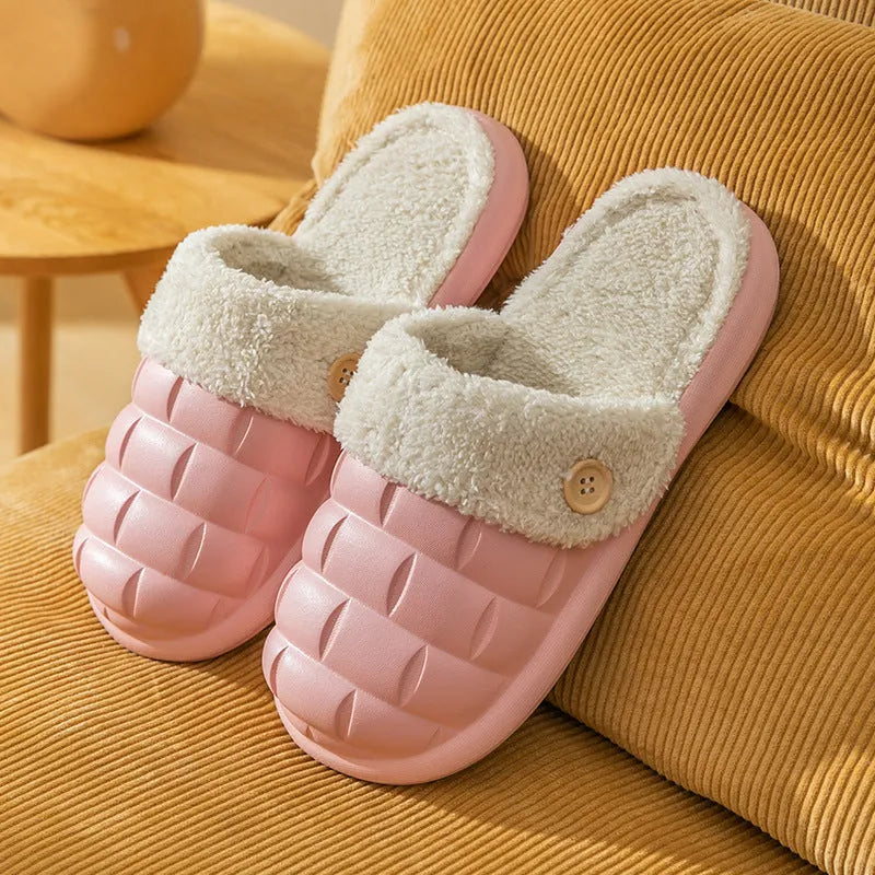 Plaid detachable slippers with EVA sole and plush lining in pink, green, yellow, white, grey, or black