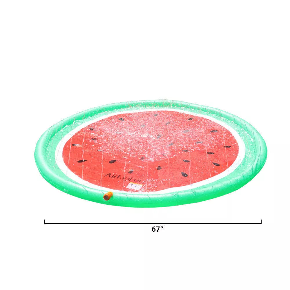 Children playing on a vibrant watermelon design water spray mat outdoors