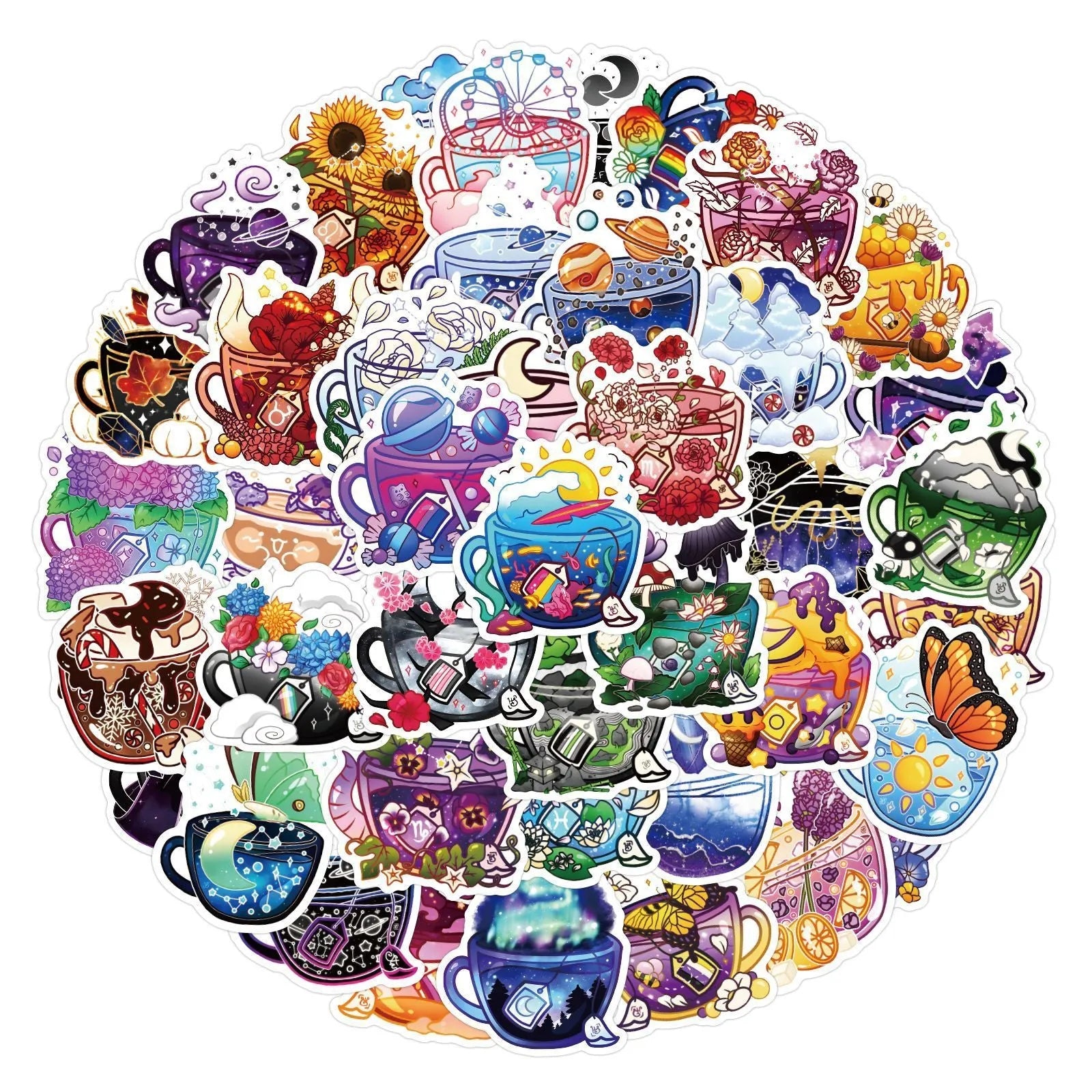 Pack of 50 colourful tea cup graffiti waterproof stickers for DIY luggage and scooter decoration