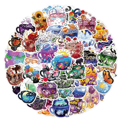 Pack of 50 colourful tea cup graffiti waterproof stickers for DIY luggage and scooter decoration
