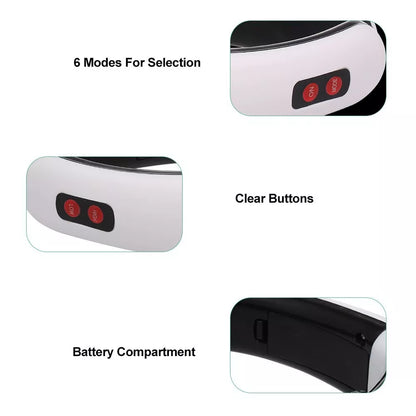 Cervical massager with 6 modes for neck tension relief, white color, includes gel strips