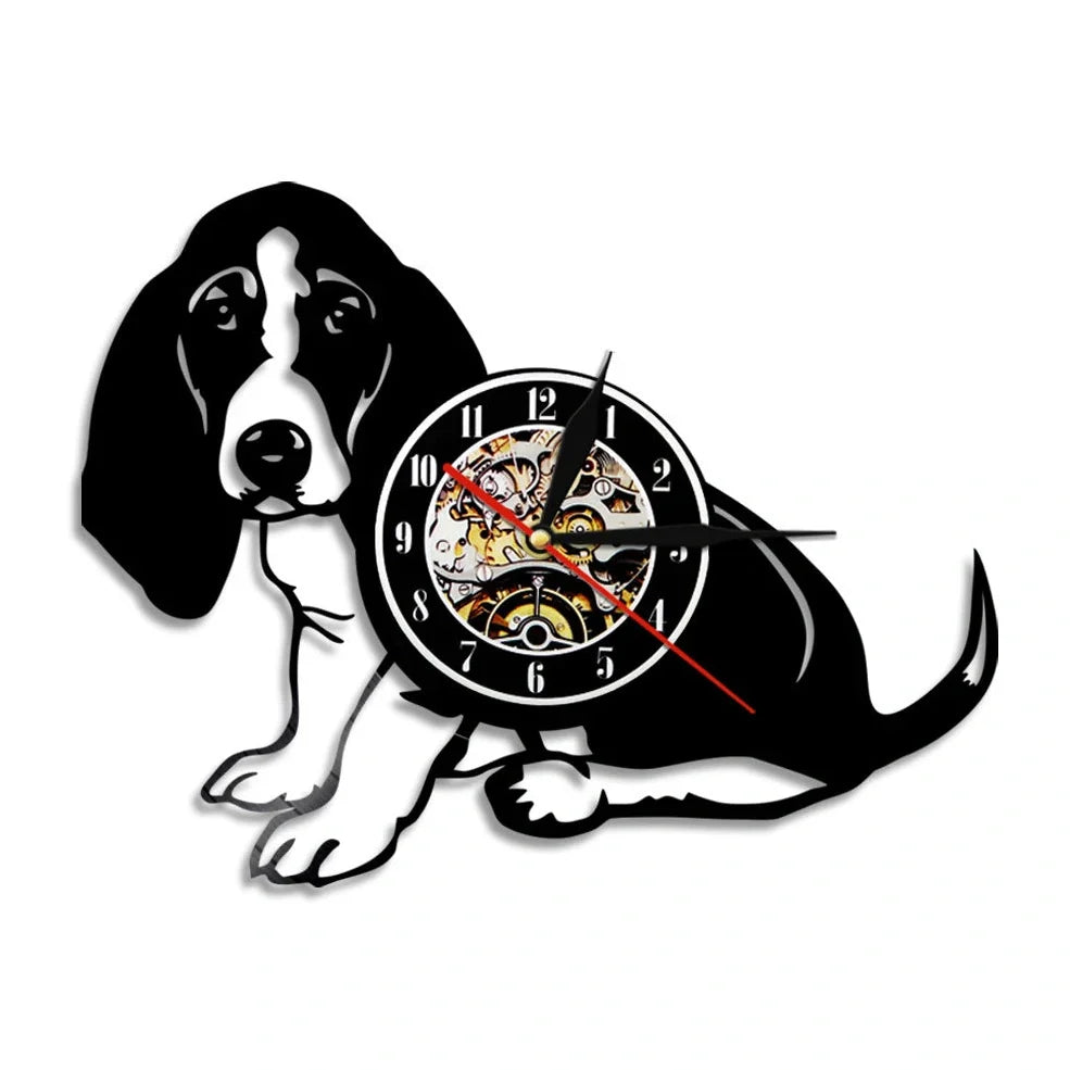 30cm vinyl record wall clock with dog breed designs, silent quartz movement, and pre-installed hook
