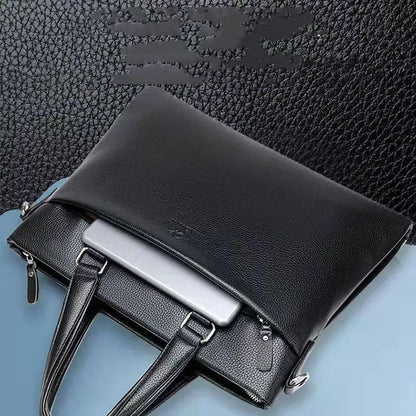 Men's black and brown PU leather shoulder messenger bag with splicing design, shown with crossbody strap.