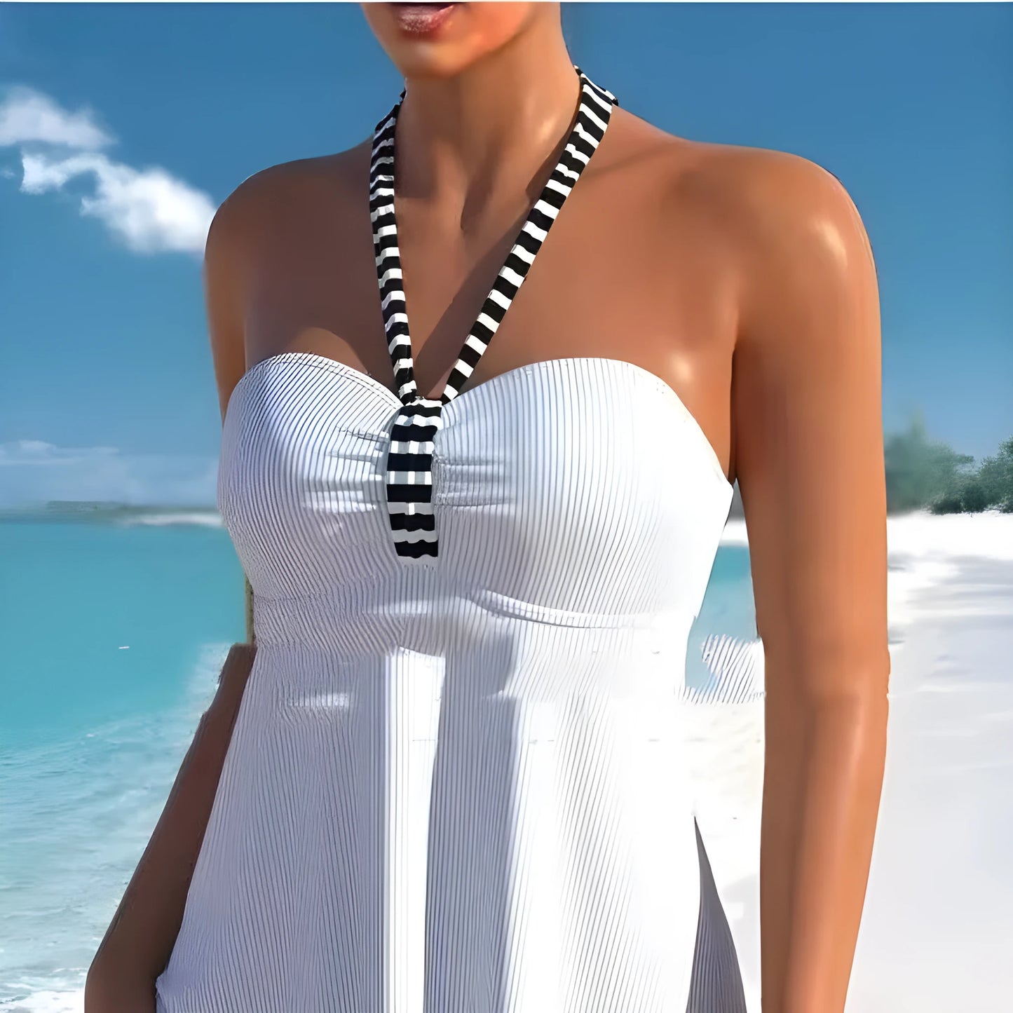 Women's off-shoulder striped swimsuit in black and white design with briefs style