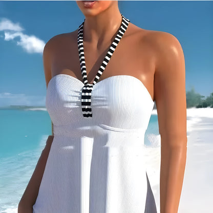 Women's off-shoulder striped swimsuit in black and white design with briefs style