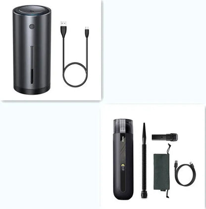 BASEUS handheld car vacuum cleaner in black with blowing hose attachment, showing compact size and dust bin