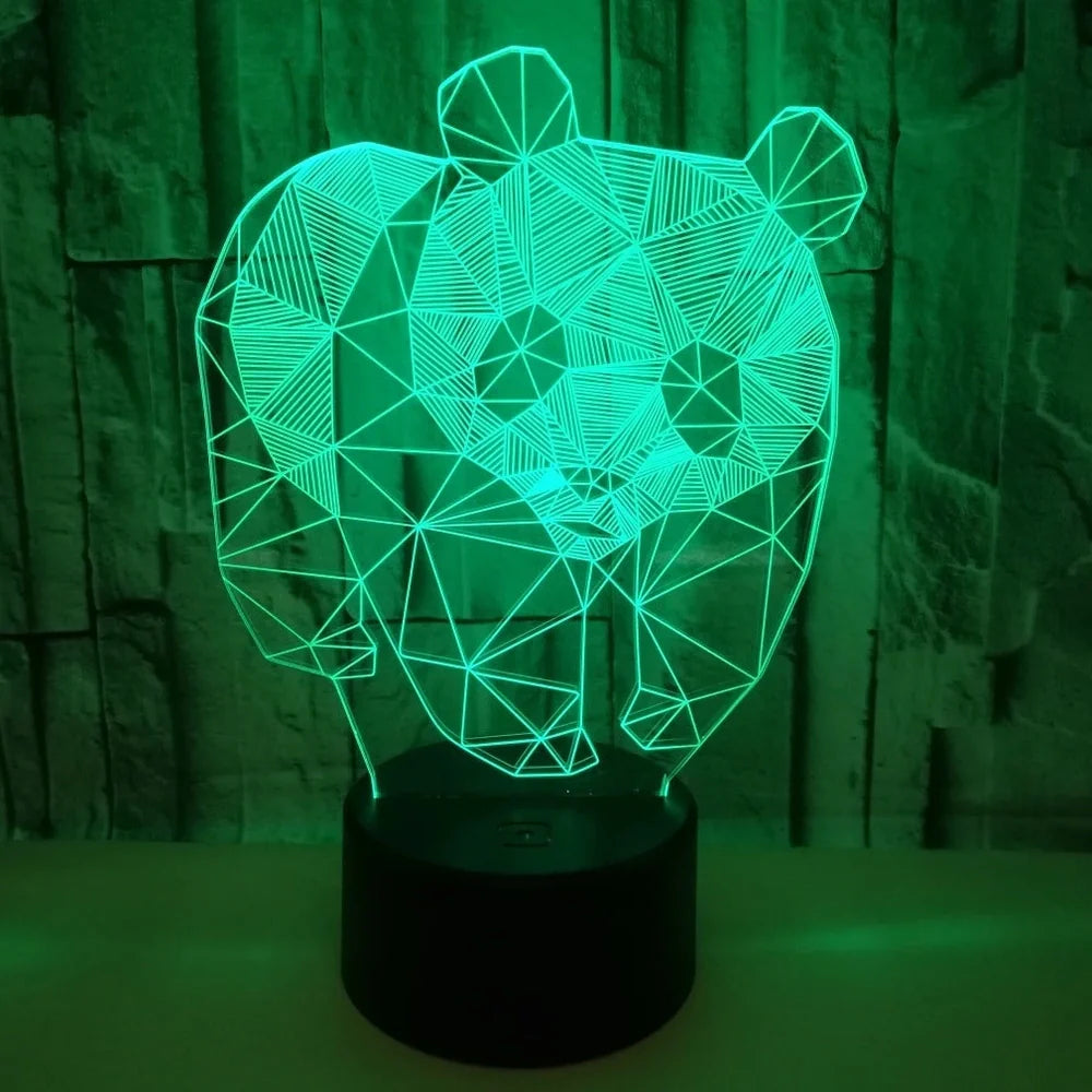 Black LED stereo night light with acrylic board, 87x87x42mm base, showing seven colour modes and remote control