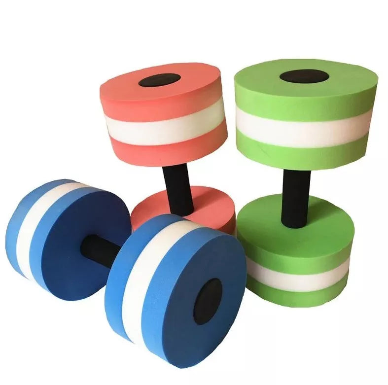 Water sports aerobics dumbbells in blue, pink, and green colors for aquatic fitness