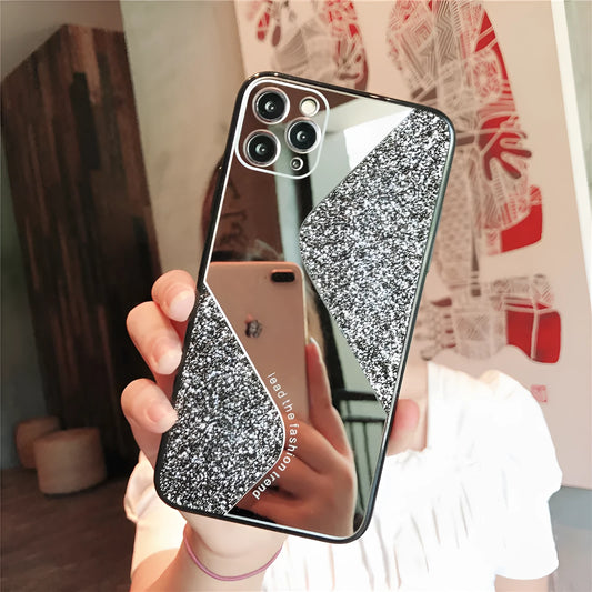 Glitter mirror iPhone case with rhinestone decoration in choice of black, blue, or pink colours