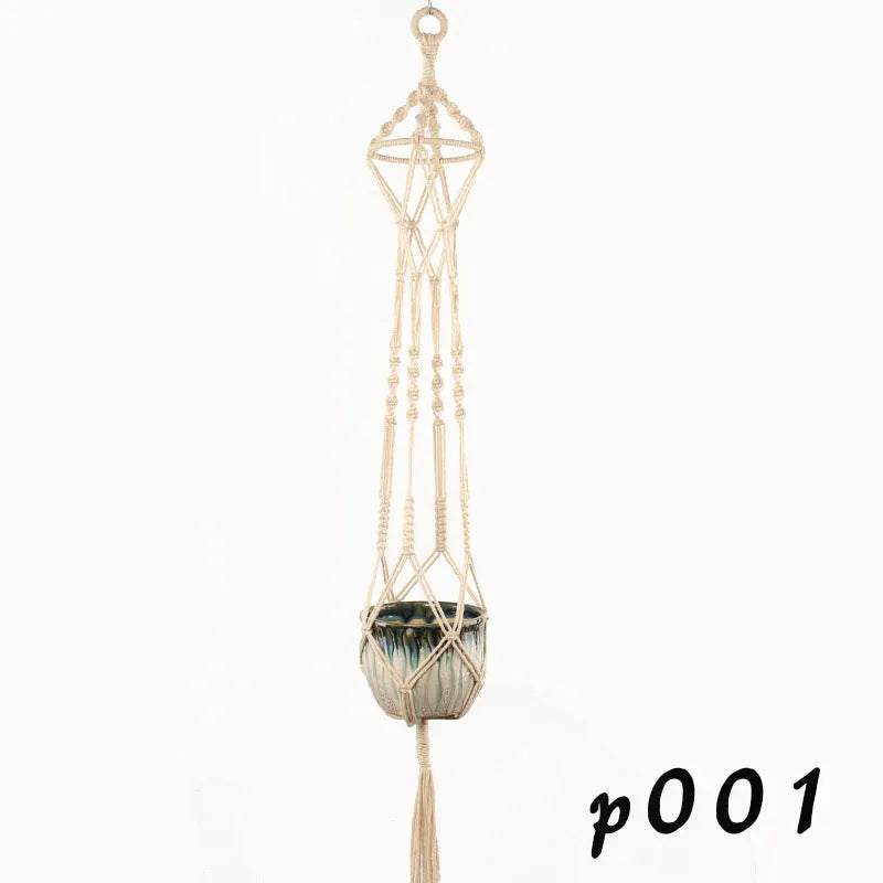 Woven wire lattice plant holder with natural cotton rope, shown in a rustic style supporting a green plant.
