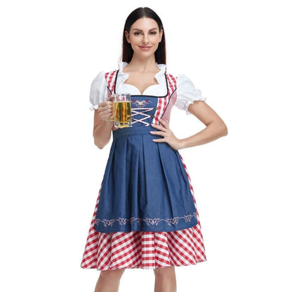 Authentic Oktoberfest dirndl dress with apron and ribbon in red denim, featuring traditional Bavarian-inspired design and comfortable polyester fabric