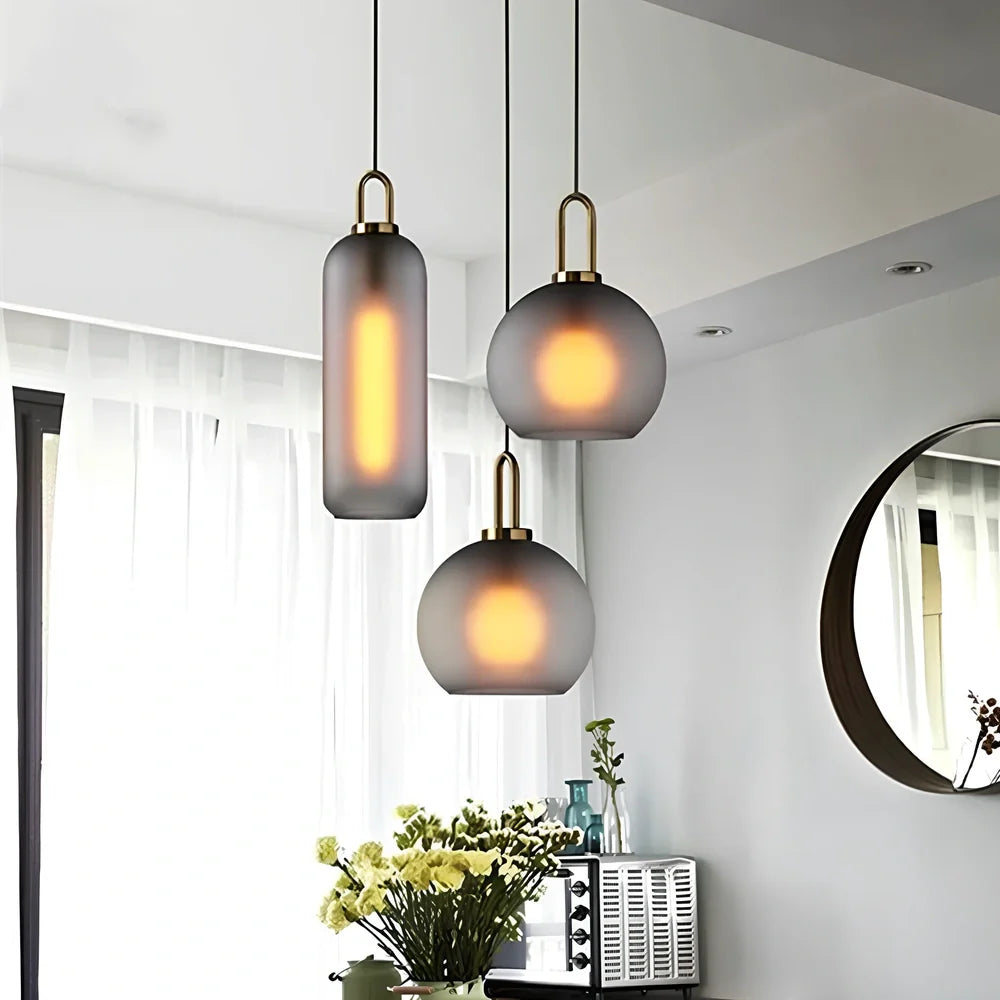 Nordic glass ball chandelier with adjustable height mechanism and frosted soot glass components