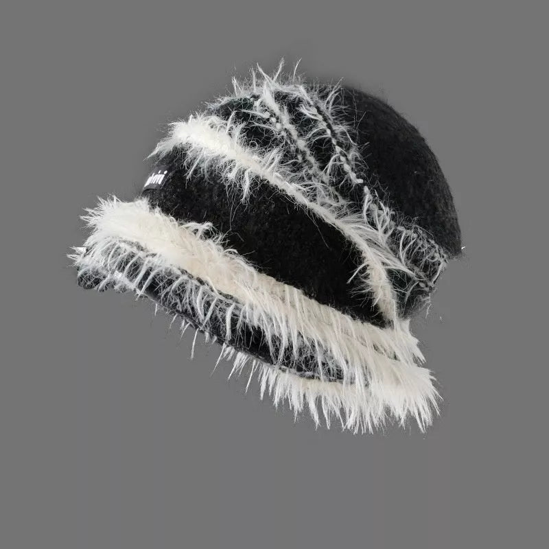 Korean-style plush knitted winter hat in mixed color stripes