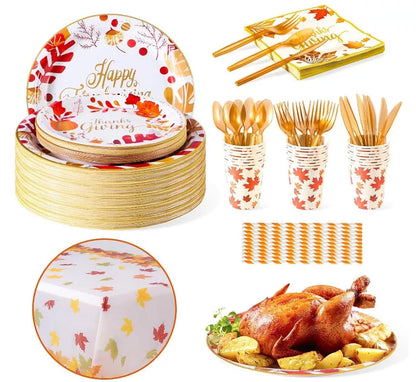 Red Thanksgiving plates and napkins set for holiday table settings