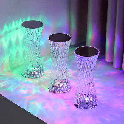 Crystal waist table lamp with faceted acrylic design showing RGB colourful lighting effects
