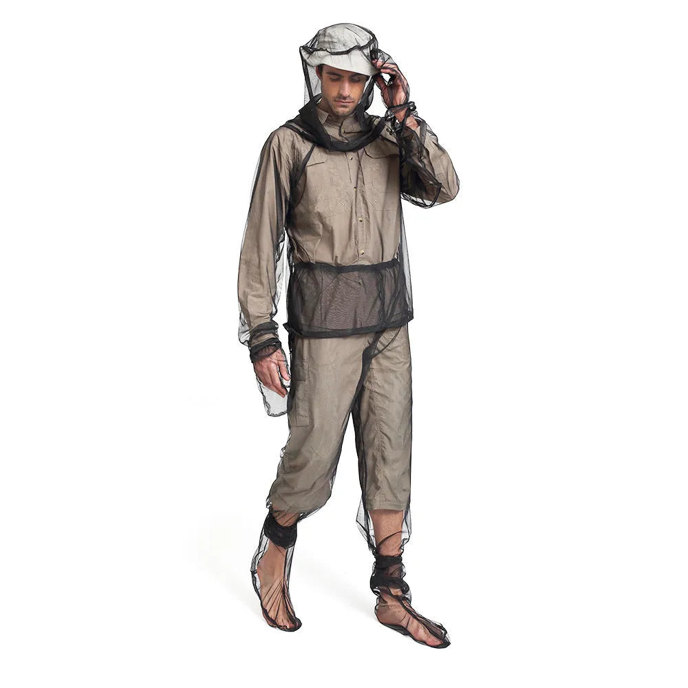 Four-piece mesh anti-mosquito suit set showing hooded top, pants and booties for outdoor activities