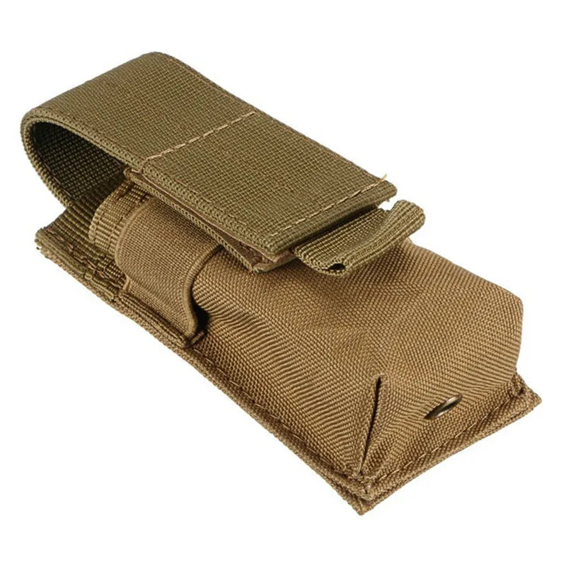 Black tactical MOLLE waist pouch with elastic cord closure, shown attached to a belt.