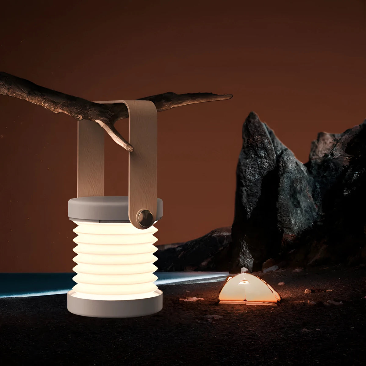 White foldable USB rechargeable LED night light in both table lamp and tall lantern modes.