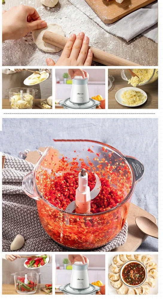 Household electric vegetable chopper blender with glass bowl and stainless steel blade on kitchen counter