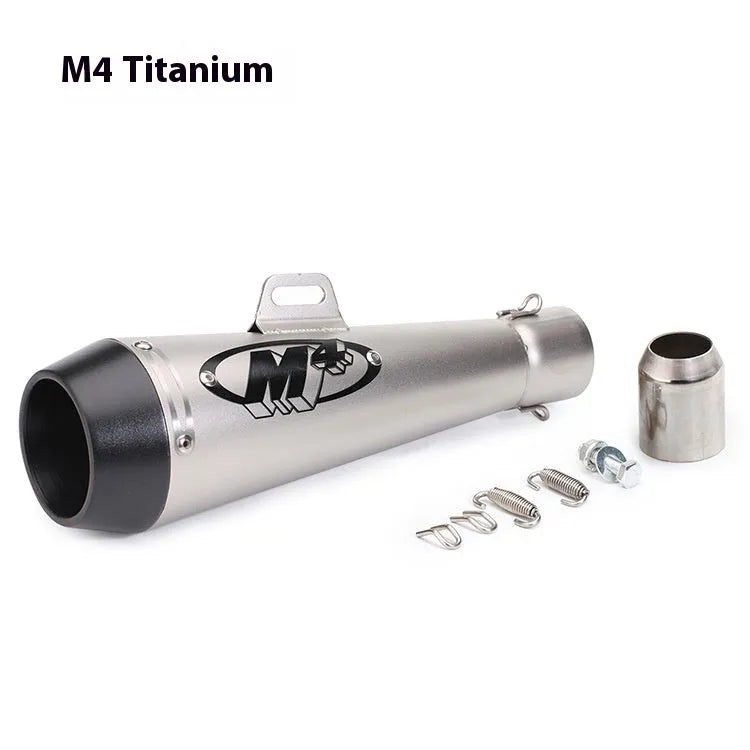 Universal M4 motorcycle exhaust pipe in various finishes including black, titanium, and half blue with back pressure options