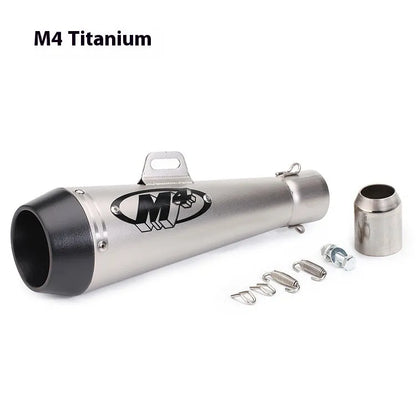 Universal M4 motorcycle exhaust pipe in various finishes including black, titanium, and half blue with back pressure options