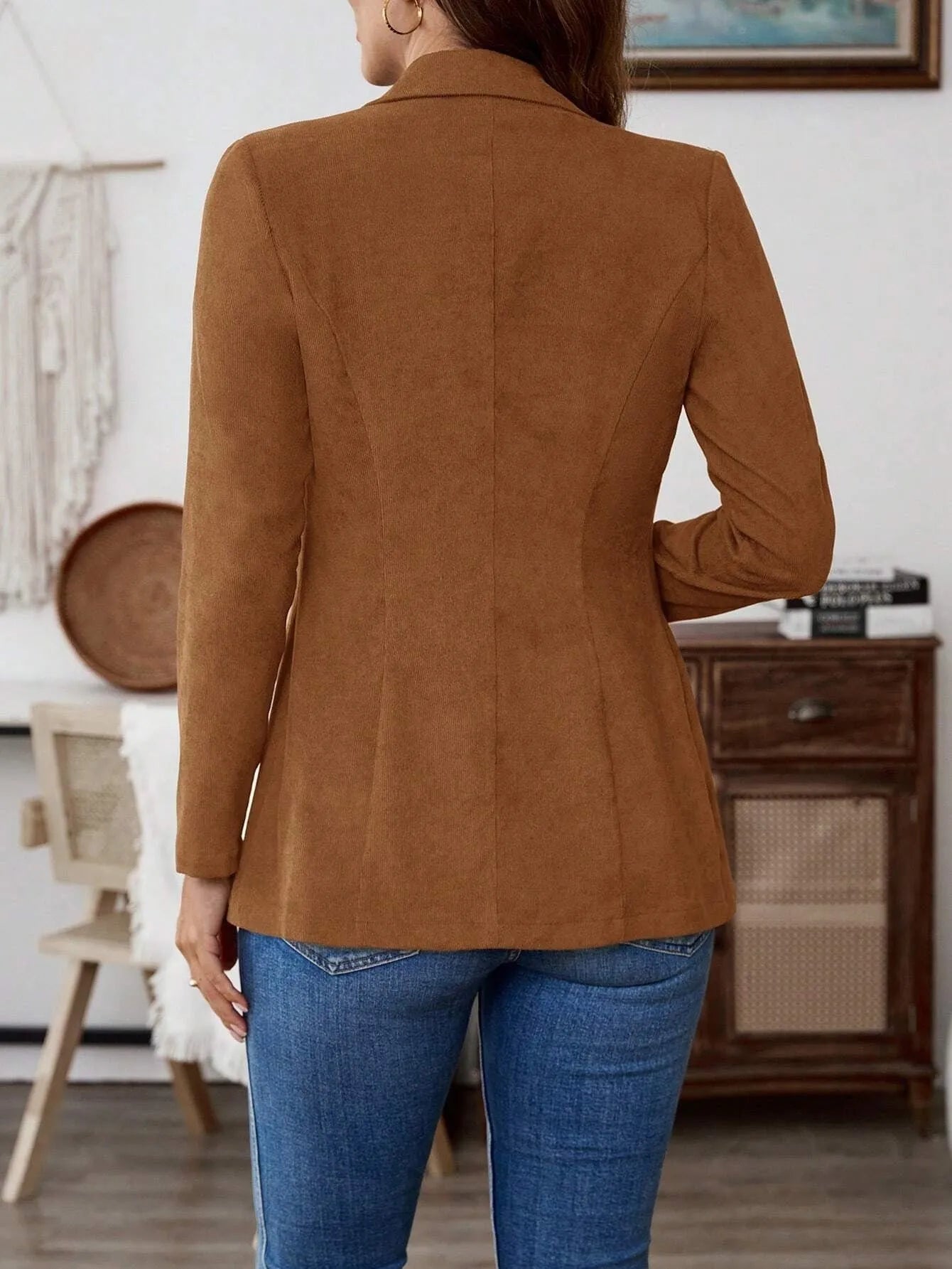 Brown lapel long sleeve single-breasted leisure suit coat with polyester elastane blend