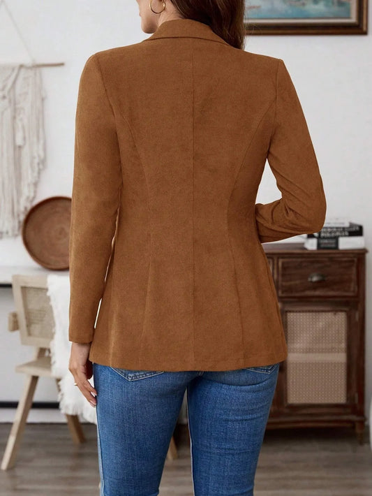 Brown lapel long sleeve single-breasted leisure suit coat with polyester elastane blend