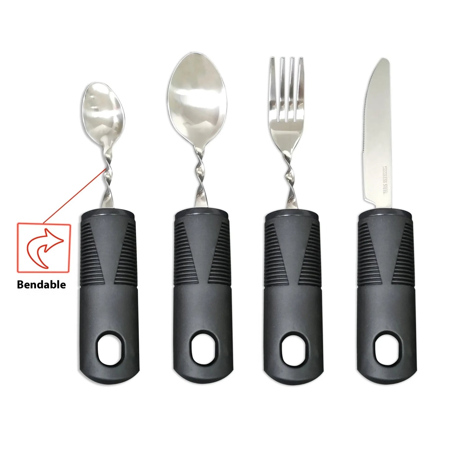 Stainless steel adaptive eating utensils with rubber handles and bendable components for elderly anti-shake support