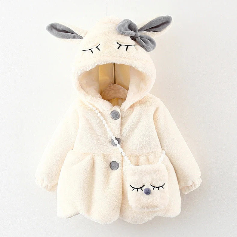 Children's furry cotton-padded coat with cartoon pattern in red colour, showing single-breasted closure and fleece lining