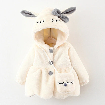 Children's furry cotton-padded coat with cartoon pattern in red colour, showing single-breasted closure and fleece lining