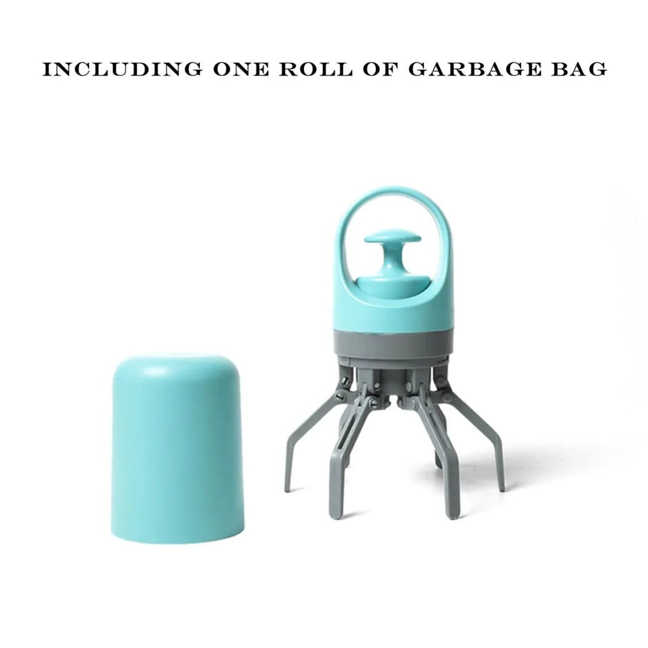 Blue portable claw-style dog pooper scooper with a roll of disposable bags for outdoor pet waste clean-up.