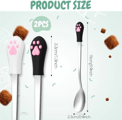 White and black cat paw print pet food spoons with stainless steel bowls