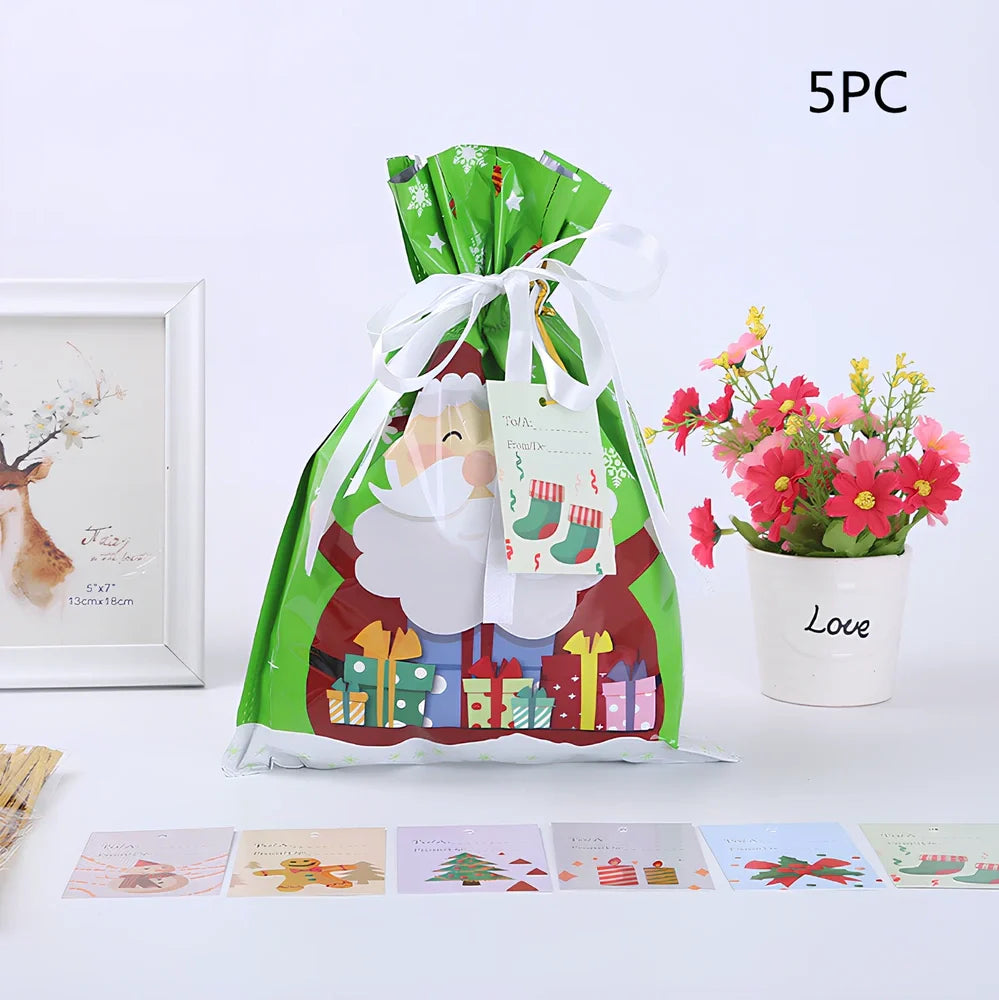 Christmas gift bag with drawstring closure in laser gold finish, 32x24cm dimensions