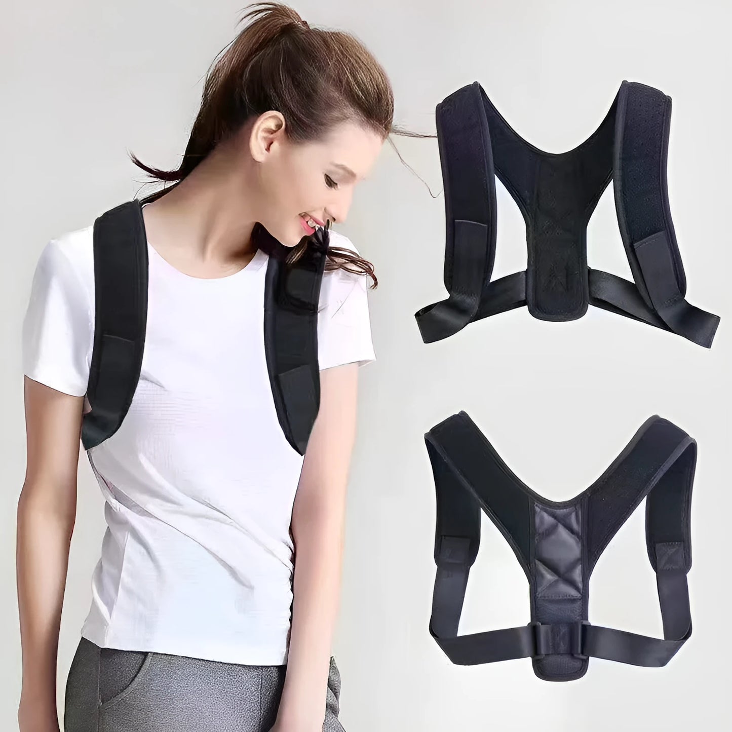 Nylon back correction band with adjustable straps for posture support during sitting