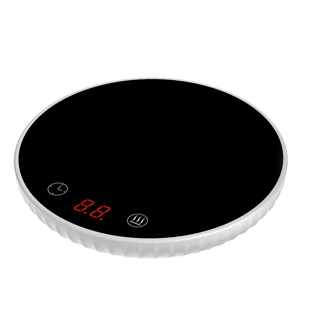 Black electric cup warmer with digital display showing temperature, 115mm diameter, 20mm thickness
