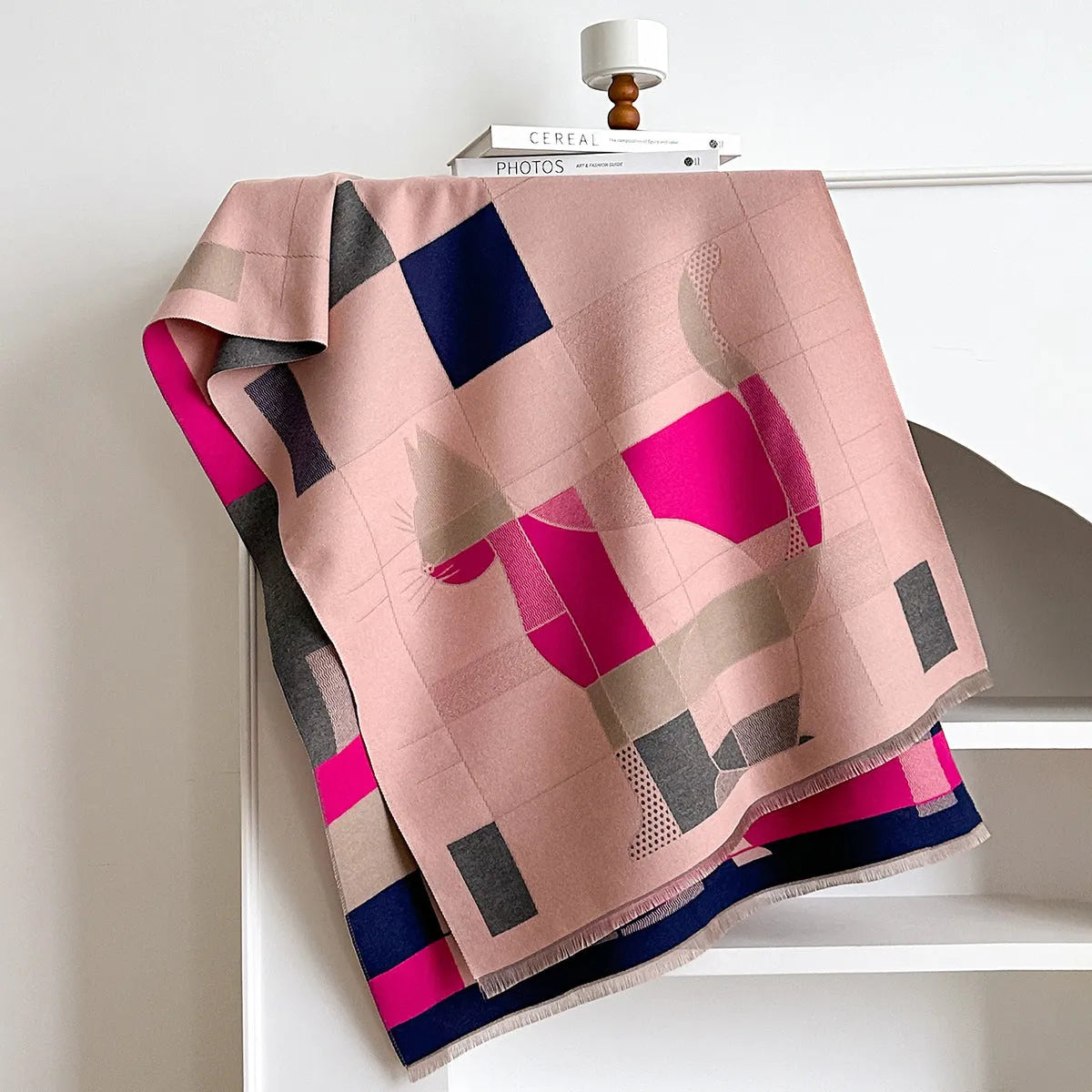 Imitation cashmere scarf in European American style showing 185x65cm dimensions and available colour options