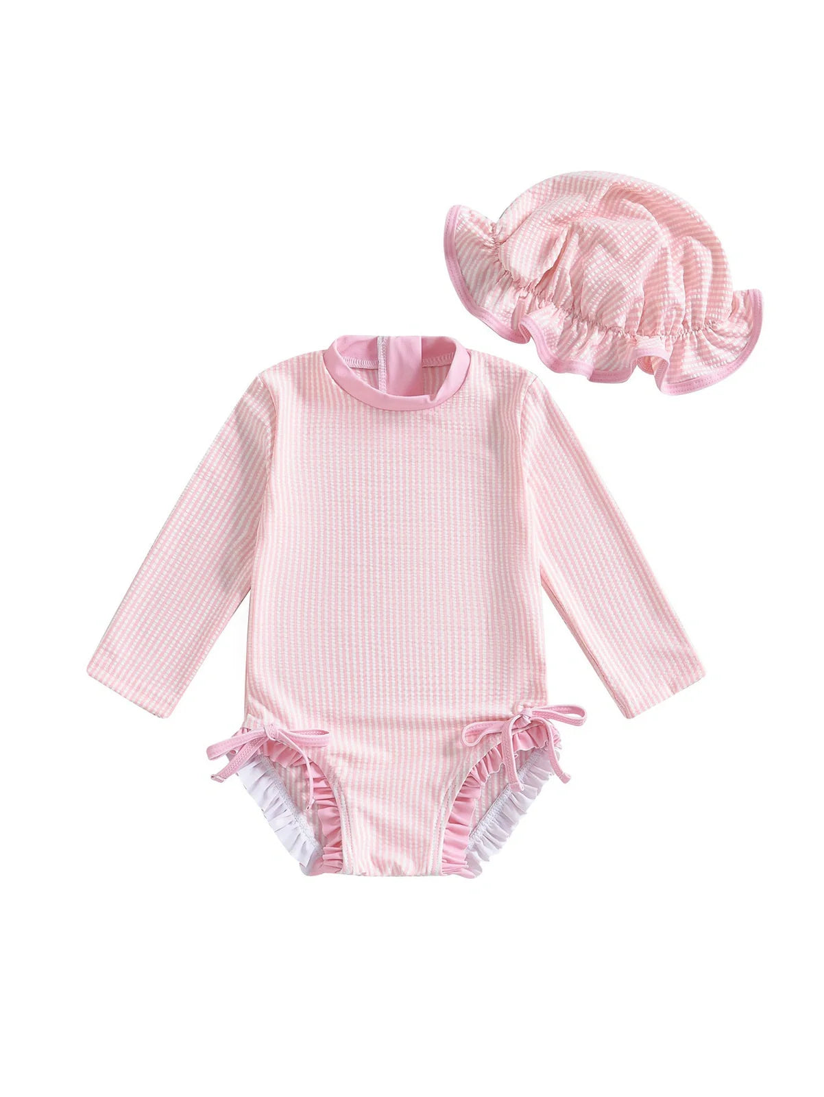 Girls' striped jumpsuit with matching hat in pink, violet, or sapphire blue for swimming
