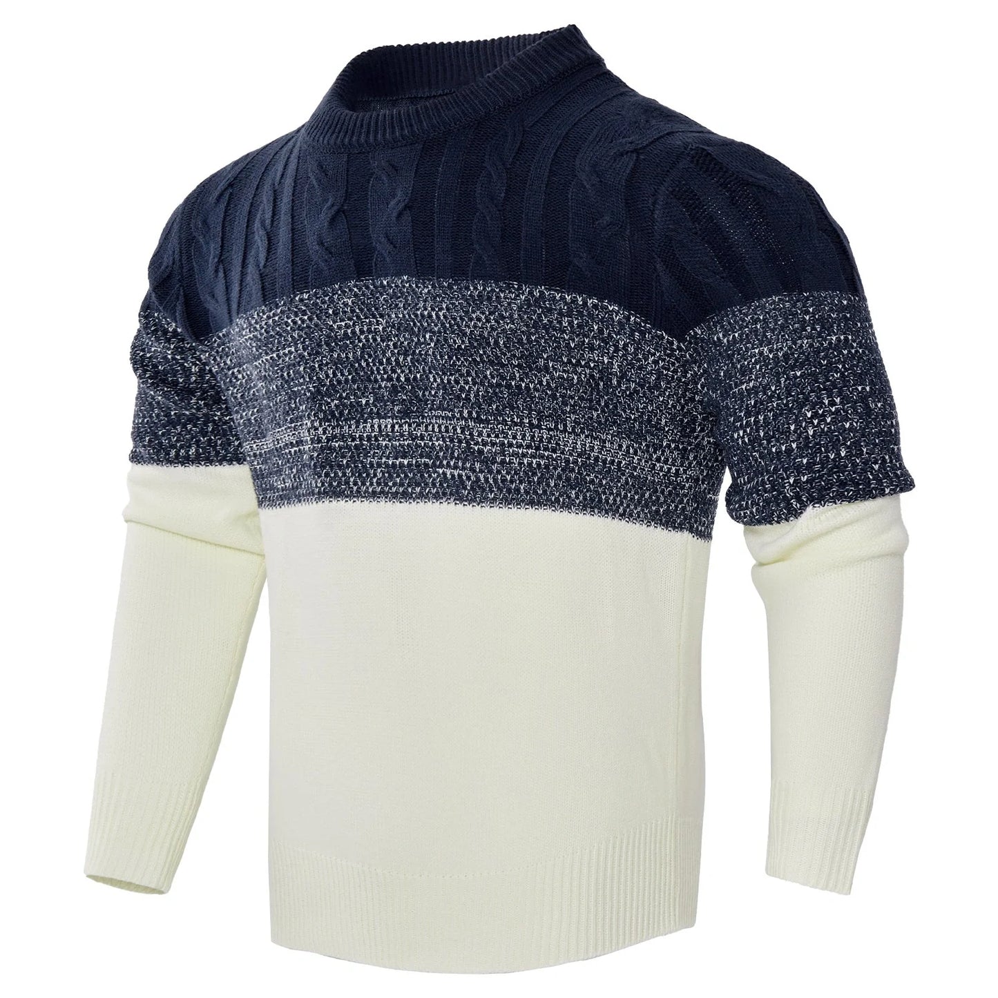 Men's color block cable knit acrylic sweater in black, blue, and brown