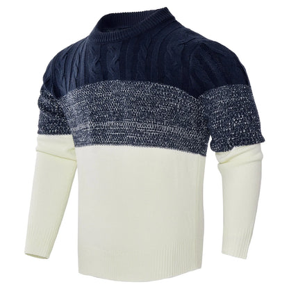 Men's color block cable knit acrylic sweater in black, blue, and brown