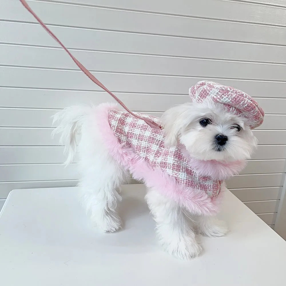 Pink cat costume set with beret and cape featuring hand holding rope design