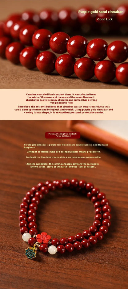 Close-up of a hand-woven purple gold cinnabar bead bracelet with a lotus seedpod charm.